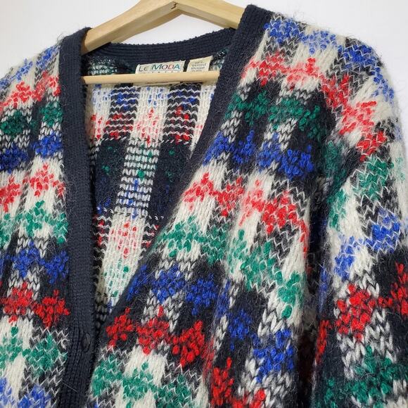 Vintage Le Moda Knitwear Hand Loomed Mohair Wool Blend Patterned Cardigan - Picture 3 of 10